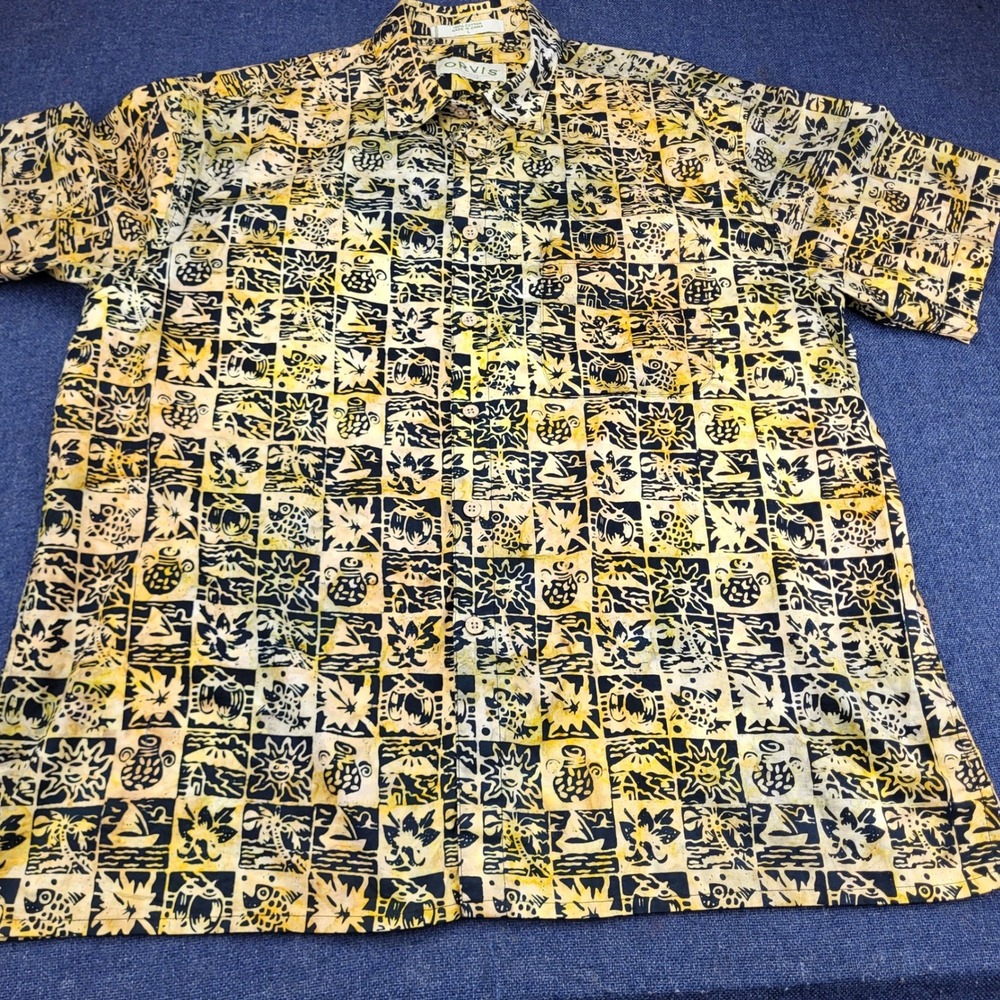 Orvis Mens L Short Sleeve Cotton Batik Block Print Tropical Button Down Shirt